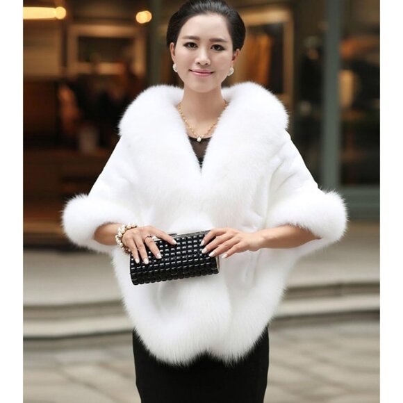 Women Luxury Faux Fur Coat Jackets Wrap Cape Shawl for Wedding Party - Picture 3 of 4